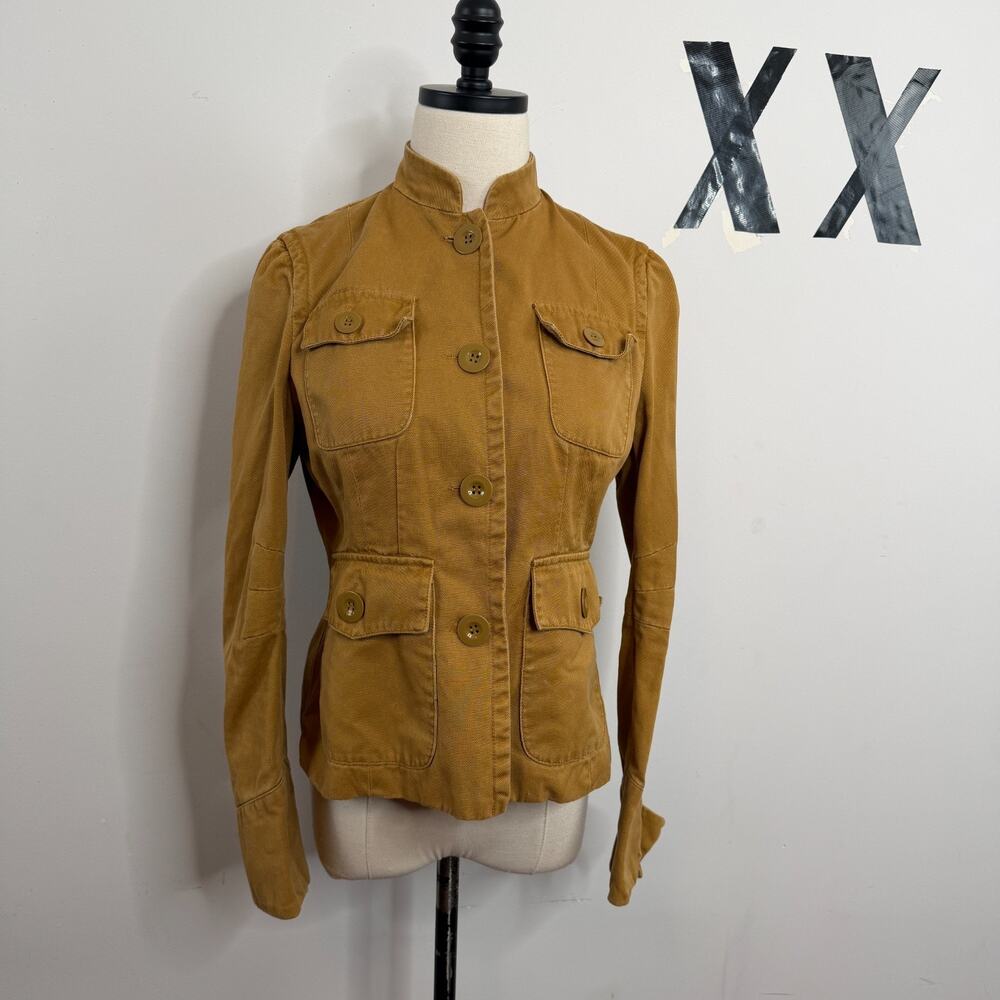 Vintage 70s Camel Canvas Mandarin Collar Cinch Waist Field Jacket Safari XS